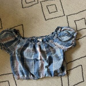 Off shoulder plaid peasant blouse